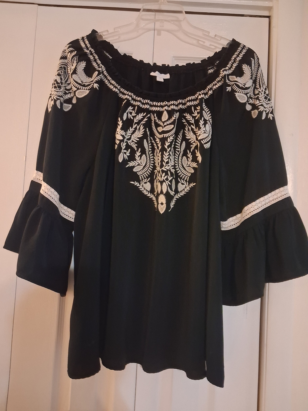 Charter Club Black Peasant Blouse with Ivory Embroidery